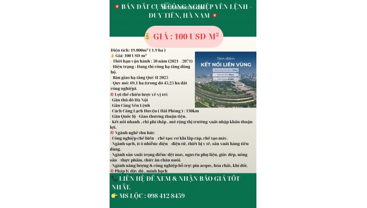  BÁN ĐẤT CỤM CÔNG NGHIỆP YÊN LỆNH – DUY TIÊN, HÀ NAM  - DIỆN TÍCH 1.9 HA 